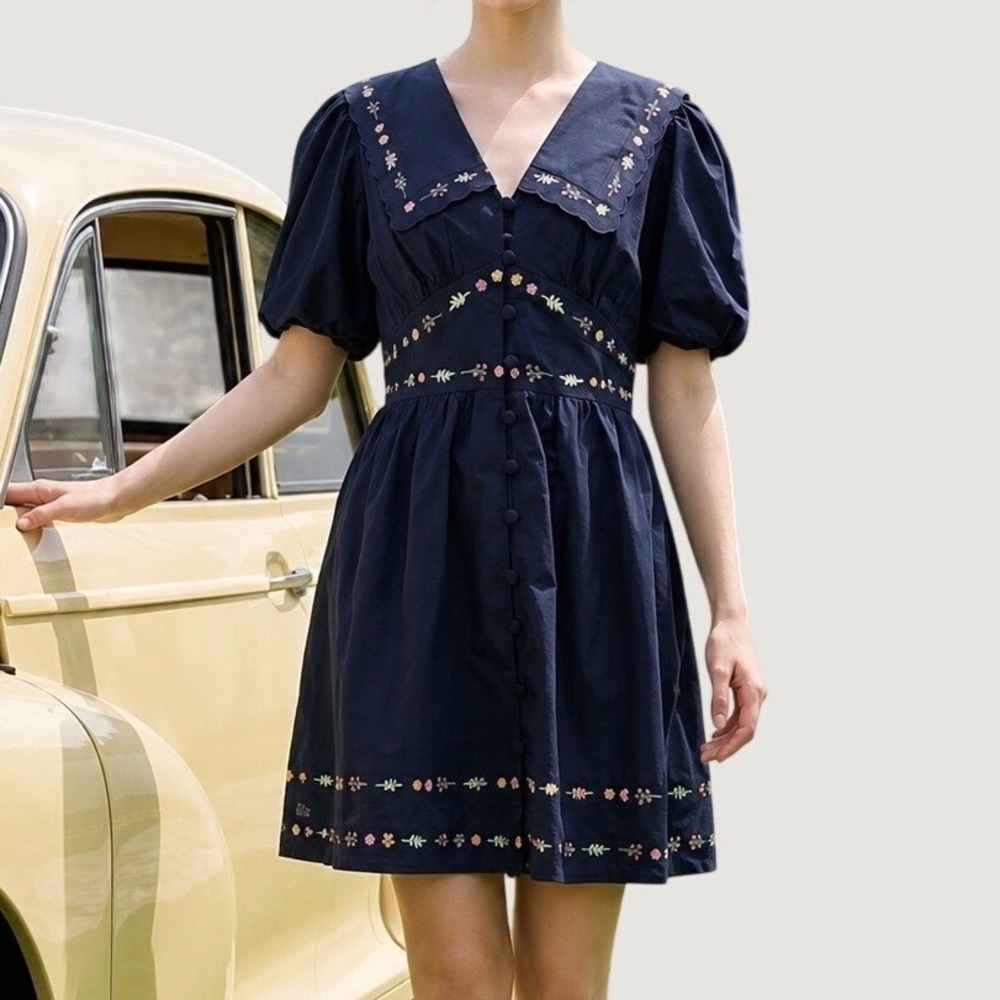 NWT Caroline Constas Embroidered Mini Dress Navy Blue Floral Peter Pan Collar 8